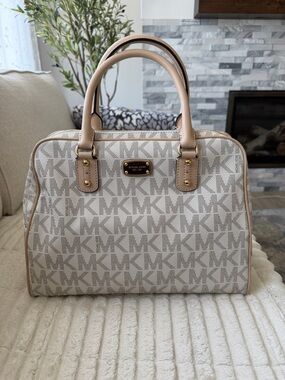 Michael Kors Beige Cream MK Logo Satchel with Gold Hardware